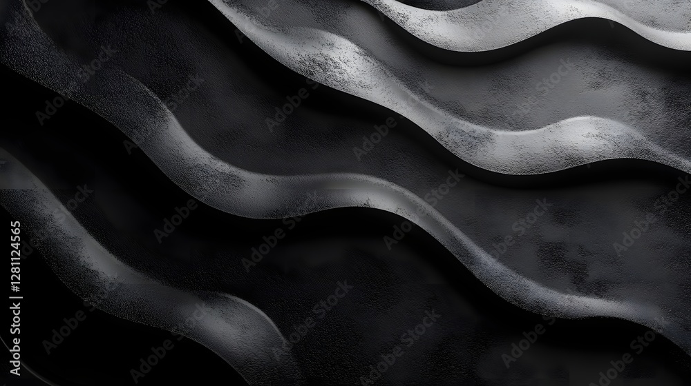 Poster Abstract image of dark gray waves with textured surface. Monochromatic design, perfect for background. Abstract Dark Gray Waves: A Textured Monochromatic Masterpiece