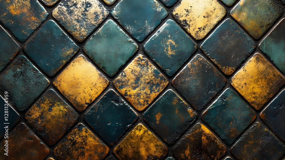 Poster Close-up of luxurious diamond-patterned tiles in deep teal and gold. Elegant and stylish mosaic texture. Elegant Diamond Patterned Tiles: Deep Teal and Gold Mosaic