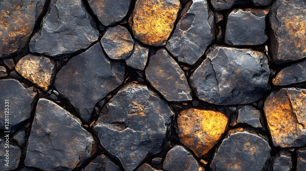 Aufkleber close-up shot of dark grey and golden rocks. interlocking stones create a unique pattern. dark grey 