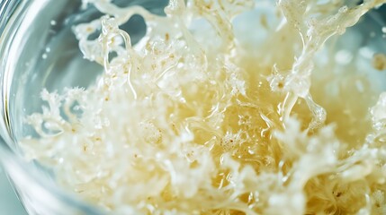 Macro shot of sea moss gel in a glass container, emphasizing its use in healthy recipes