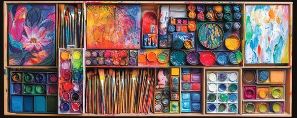 Fototapeta premium Creative expression tools, filled toolbox with essential art materials, vibrant paints, brushes, sketchbooks, artist s palette, artistic supplies for inspiring art