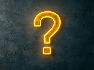 Question mark symbol minimal concept. Illuminated yellow question mark against a dark textured background.