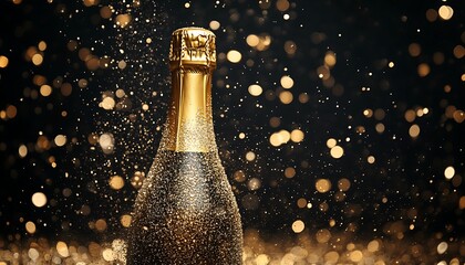 Golden Sparkling Champagne Bottle With Festive Celebration Bokeh Effect