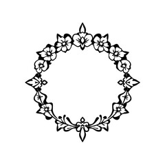 Black ink floral circular wreath design with flowers forming a wreath-like circle.