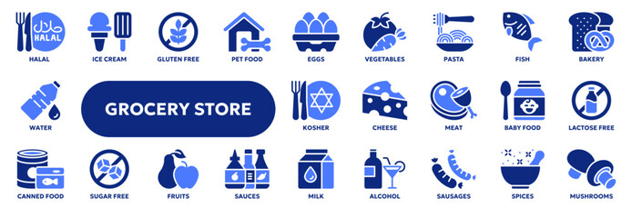 Set of vector solid icons of grocery store food items such as meat, milk, seafood, bread and others. Symbols for website or app ui, logo design, illustration