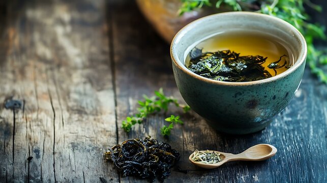 Herbal tea preparation with dried bladderwrack and sea moss, promoting natural detox and wellness
