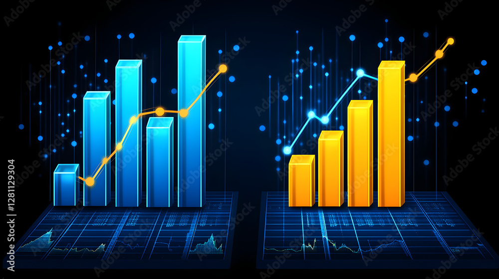Poster analyzing business growth trends with graphs and charts digital environment data visualization busin