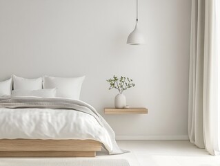 A minimalist bedroom features a bed with a white duvet