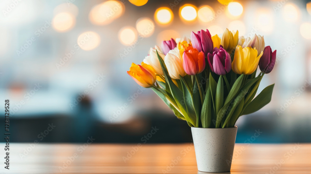Poster A vibrant bouquet of tulips in various colors is displayed in a simple pot. This arrangement adds a cheerful touch to a spring holiday setting, creating a warm and inviting atmosphere.