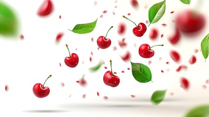 Red Cherries Floating With Green Leaves on White Background Design