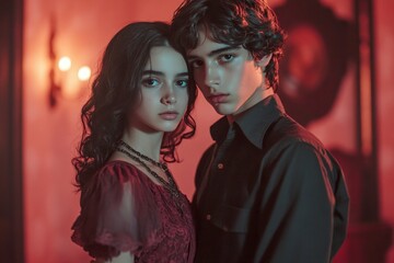 Naklejka premium Valentine's day, enamored couple: impressive dazzling, image of loving latin young person couple. Sign of love and affection. Commercial commercial conceptual art. True love. Loving partners.
