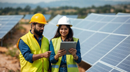 Indian Solar Panel Technician and Engineer Working Together on Renewable Energy Systems