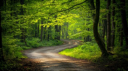 Fototapeta premium Sun Dappled Forest Path: Winding Road Through Lush Green Trees