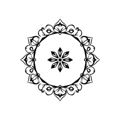Intricate, black ink mandala design against a white background, featuring floral patterns and symmetrical symmetry, in a minimalistic style.
