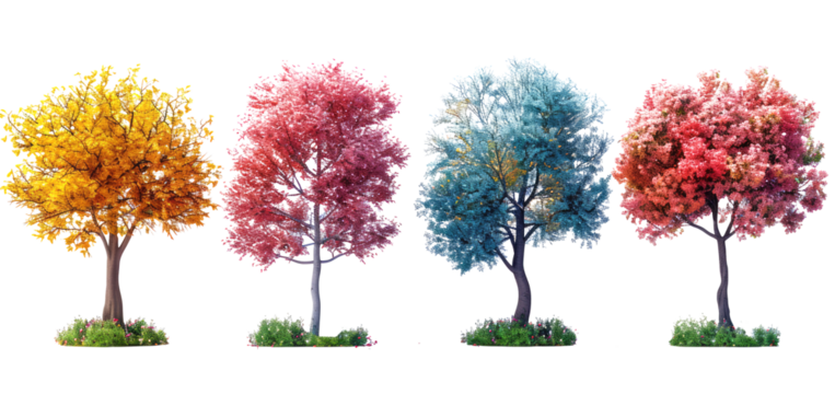Collection Of Colorful Coral Tree Bushes Isolated On Transparent Background, Featuring Yellow, Pink, And Blue Tones.