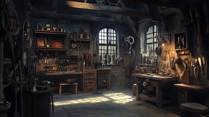 Sunlit rustic workshop interior with antique tools and equipment.