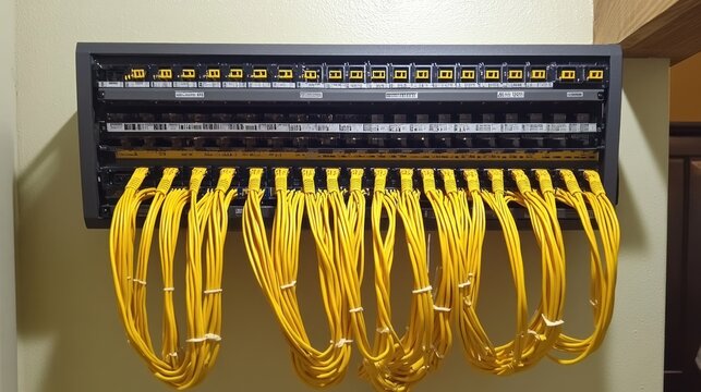 Network Patch Panel with Numerous Yellow Ethernet Cables