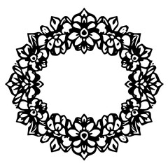 Black and White Floral Wreath Border with Flowers and Leaves, Isolated on White.