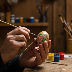 Close-up of master’s hands painting intricate patterns on an Easter egg in a rustic setting. Perfect for banners, backgrounds, and marketing materials, with space for text.