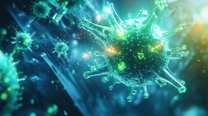 Obraz premium Microscopic view of virus particles, glowing in blue and green, with particles floating around.