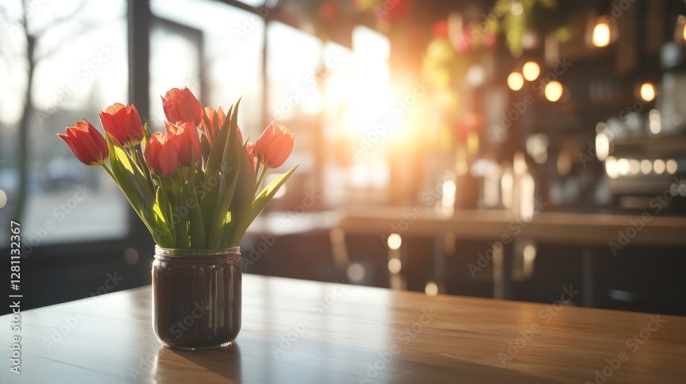 Aufkleber a vibrant bouquet of orange tulips sits in a jar on a wooden table. sunlight streams through the caf