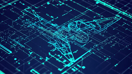 Blueprint of an aircraft digital design engineering visualization modern environment aerial view innovation process