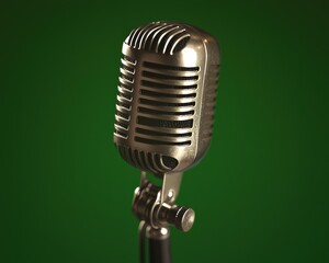 A vintage-style microphone illuminated with soft lighting, centered on a deep green backdrop, perfect for music or podcast themes