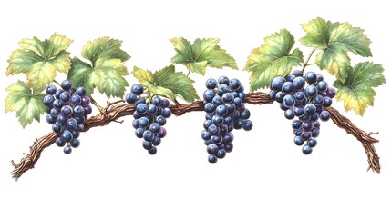 Fototapeta premium Vintage Illustration of Grapevines with Blue Grapes and Green Leaves