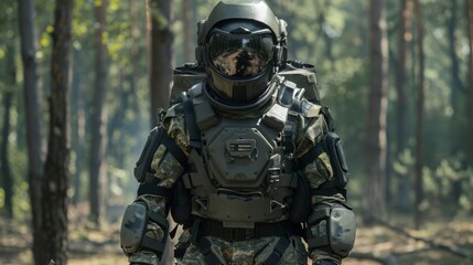 Fototapeta premium A specialized soldier equipped with advanced tactical gear moves through a forested area, showcasing a focus on training and preparedness in military operations under bright sunlight.