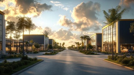 Fototapeta premium A modern commercial area with palm trees, sleek buildings, and a scenic sky, creating a welcoming environment for business and innovation.