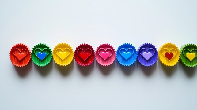 Vividly colored heart-shaped objects that convey love and LGBTQ+ pride