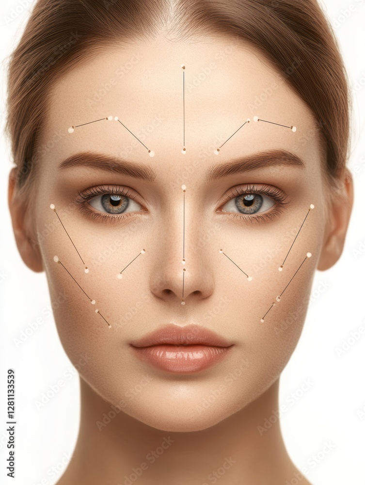 Poster detailed medical illustration of precise botox injection points on a female face for aesthetic proce