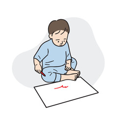 This is an illustration of a boy who is drawing with crayons on a sketchbook.