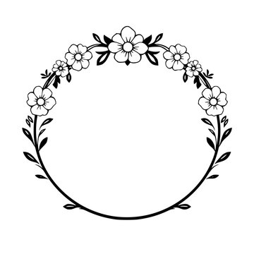 Floral wreath with flowers and leaves in a circular pattern.