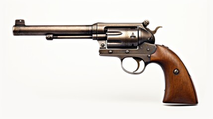Studio shot of an antique revolver pistol showcasing its intricate design and wooden grip