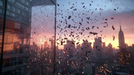 Naklejka premium Shattered Glass Ceiling Art with Dynamic Light Through Cracks against Urban Skyscrapers Creates Empowering Leadership Visuals for Modern Business Diversity Campaigns