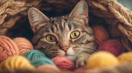 Playful cat among colorful yarn balls cozy home setting pet indoor environment close-up view feline playfulness and comfort