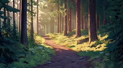 Fototapeta premium Nature trail and hiking path in forest. Forest scene with hiking path, straight trail through forest