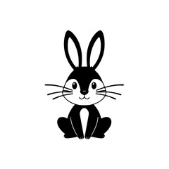 Adorable black and white rabbit, minimalist cartoon illustration, sitting centered on a white background, smiling, minimal, simple.
