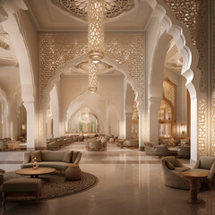 Fototapeta premium Luxury Hotel Lobby Interior Beige and Gold Modern Design with Islamic Arches