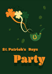 Saint Patrick's Day party flyer, brochure, holiday invitation, corporate celebration. smoking pipe, shamrock, gold coins, horseshoe, background. Vector illustration.
