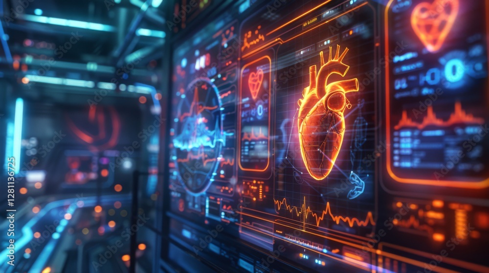 Poster a futuristic digital interface shows heart health data and mindfulness metrics. the vibrant colors c
