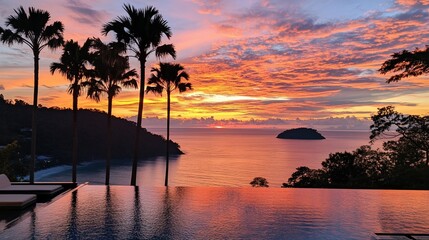 Tropical Paradise Sunset: Palm Trees, Ocean View, and Infinity Pool Serenity