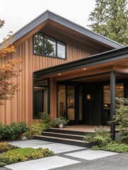 Fototapeta premium A modern single family home with wood siding facade