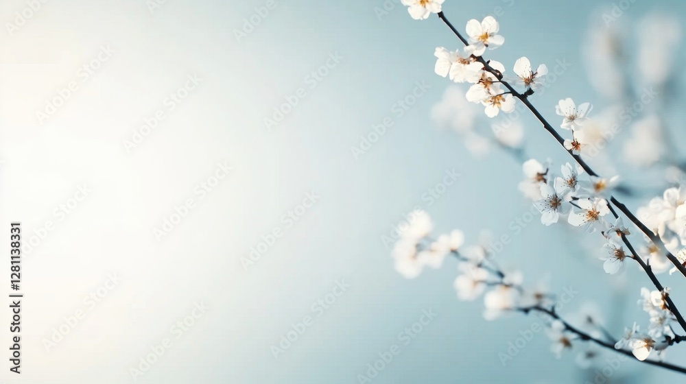 Poster delicate cherry blossoms bloom on slender branches under soft spring sunlight, creating a serene atm