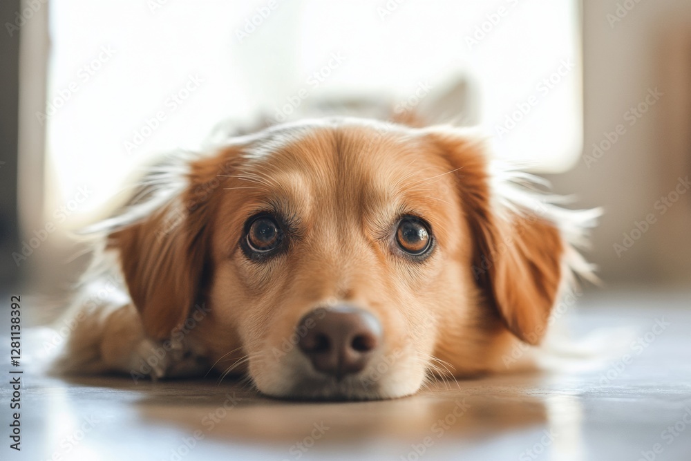 Poster sweet golden retriever puppy rests on the floor while gazing curiously toward the camera in bright i