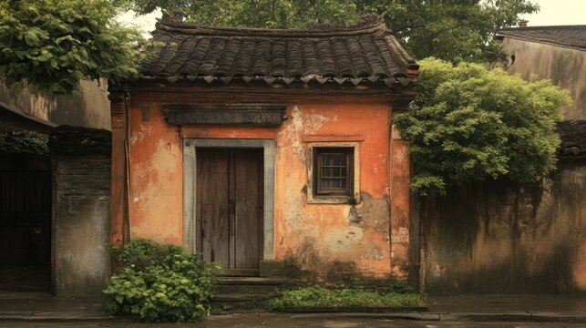 Weathered Orange Building With Wooden Door And Window