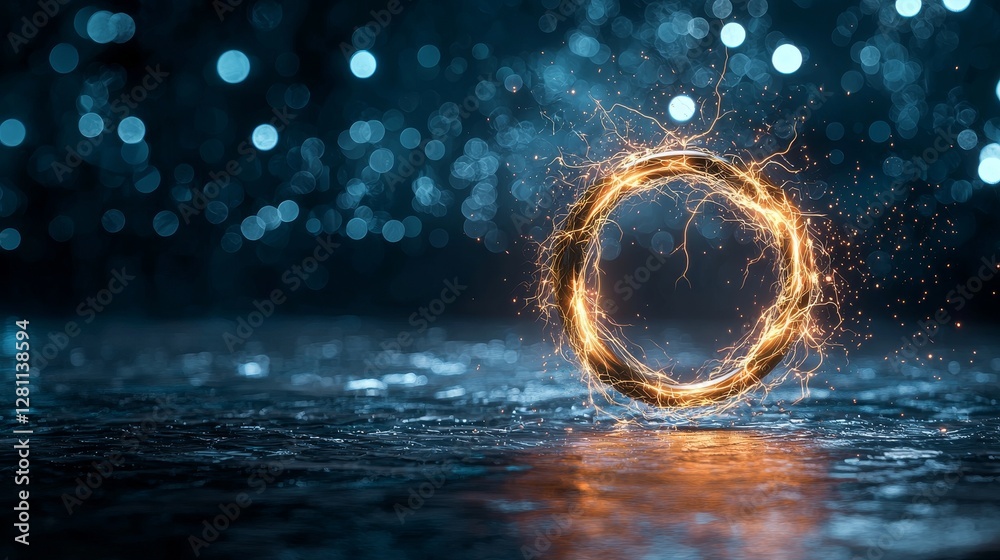 Poster digital energy crackles in a dynamic circular form within an abstract high-tech visualization, embod