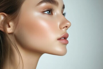 Fototapeta premium Closeup of woman showing second chin, problems with excess weight, demonstrating her cosmetic problem, need facial line correction, Generative AI