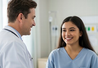 Obraz premium Caring Doctor Interacting Positively with Happy Patient in Hospital